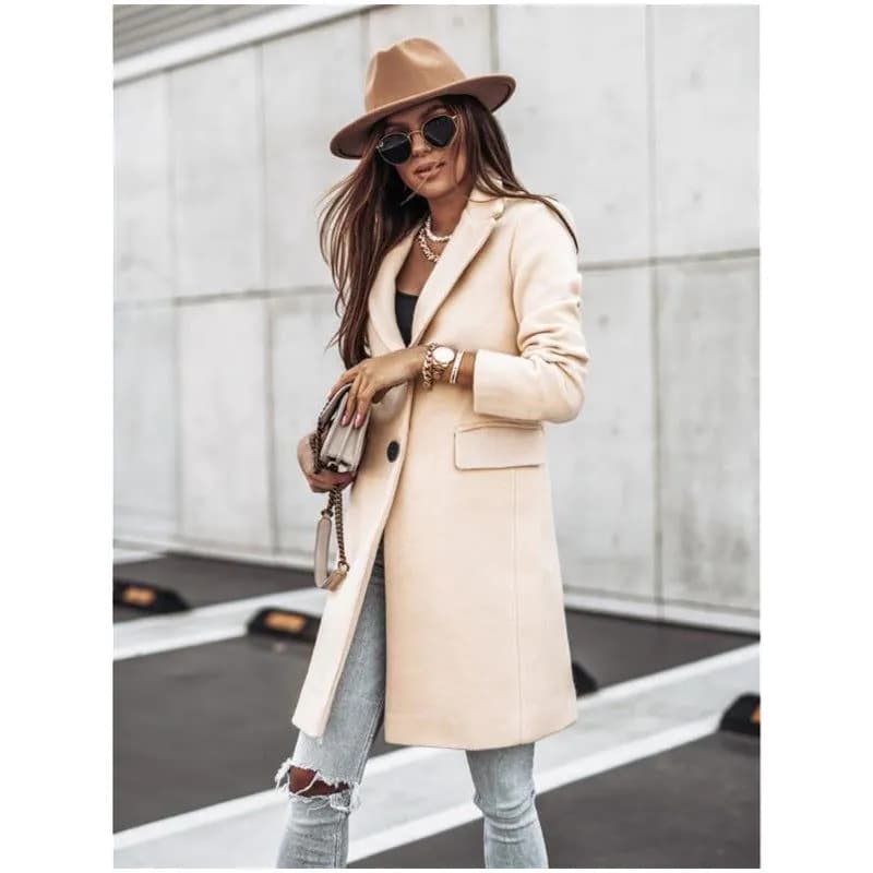 image-Autumn Winter Wool Coat For Women Long Sleeve Button Front Outerwear Warm Classic Style