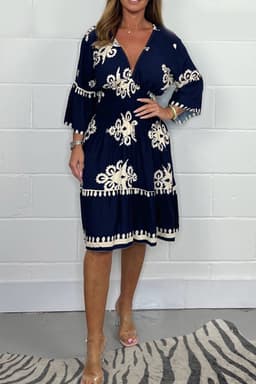 image-Women's Printed Midi Dress - Black Elastic Waist S