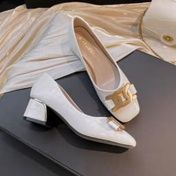 image-Square Toe Chunky Heel Shoes - Ivory White Size 43