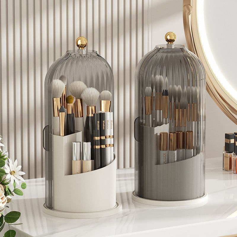 image-Light luxury bird cage lid cosmetic storage box desktop rotatable compartment storage tube transparent dustproof makeup box with cover
