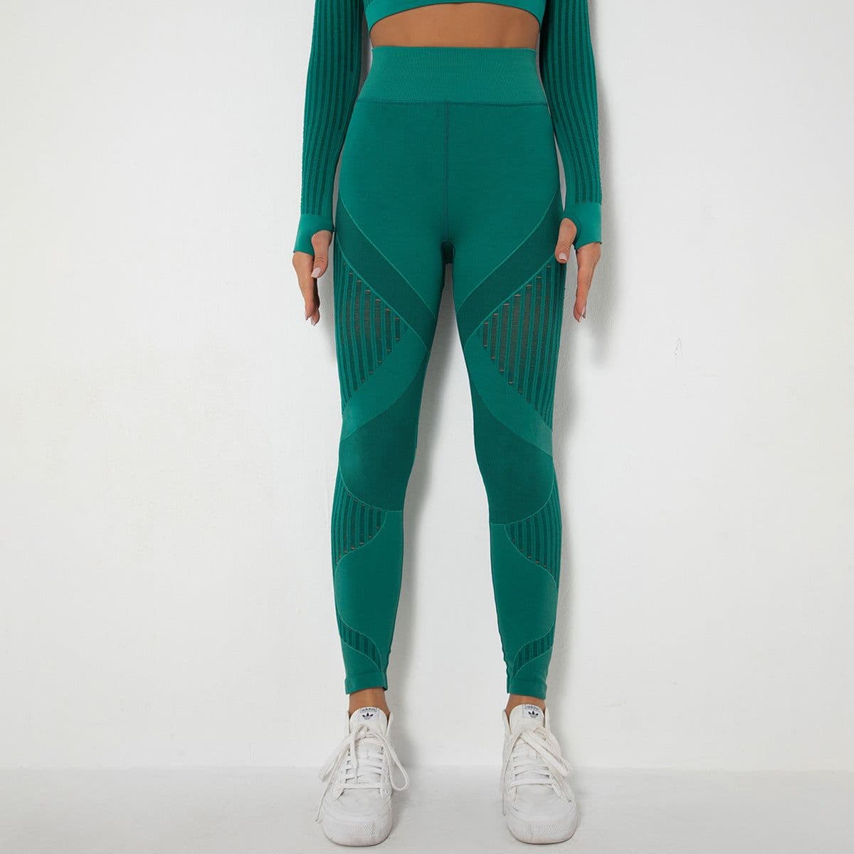 image-Spot goods! European and American cross-border seamless knitted sexy striped moisture-wicking yoga pants sports running fitness pants women