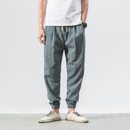image-Jin Geyi Men's 5XL Japanese Harem Pants - Light Yellow Flax
