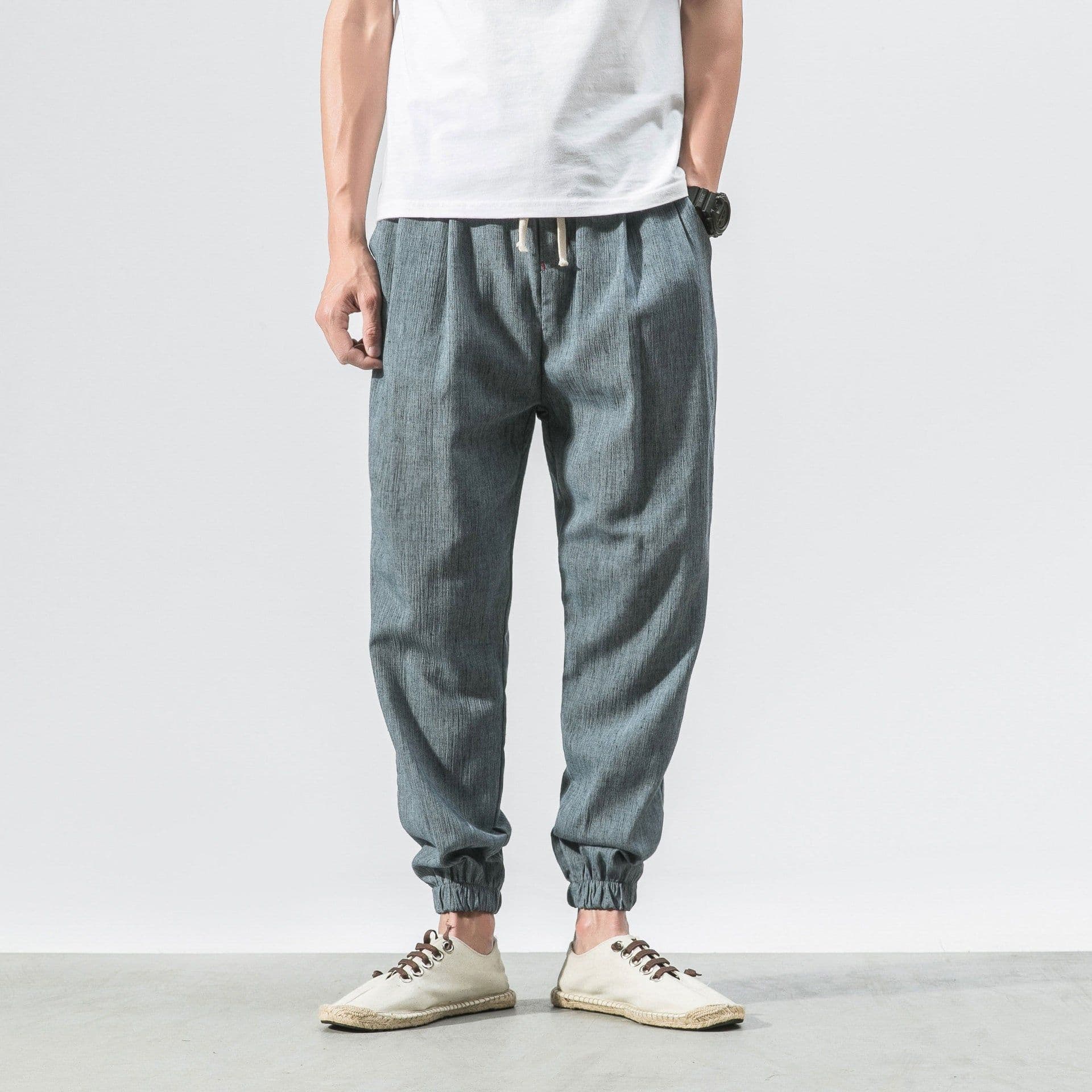image-Jin Geyi Men's 5XL Japanese Harem Pants - Light Yellow Flax