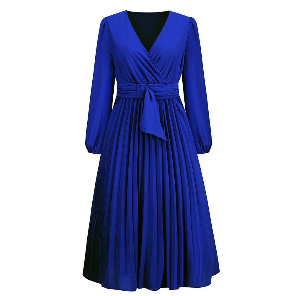image-Elegant 2023 Long-Sleeved V-Neck Dress - High Waist Blue XXL