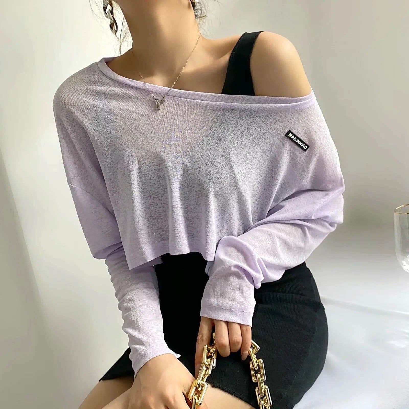 image-Women's Cropped T-Shirt - Long Sleeve Round Neck Loose Fit