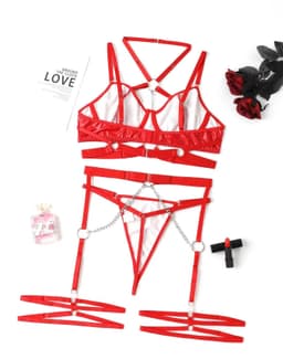 image-Women's Lingerie Set - Black Polyester 3-Piece Chain Neck