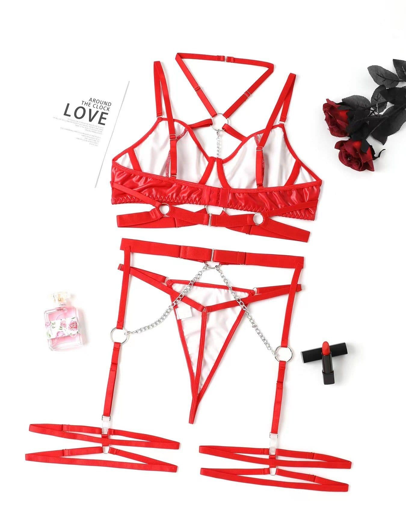 image-Women's Lingerie Set - Black Polyester 3-Piece Chain Neck
