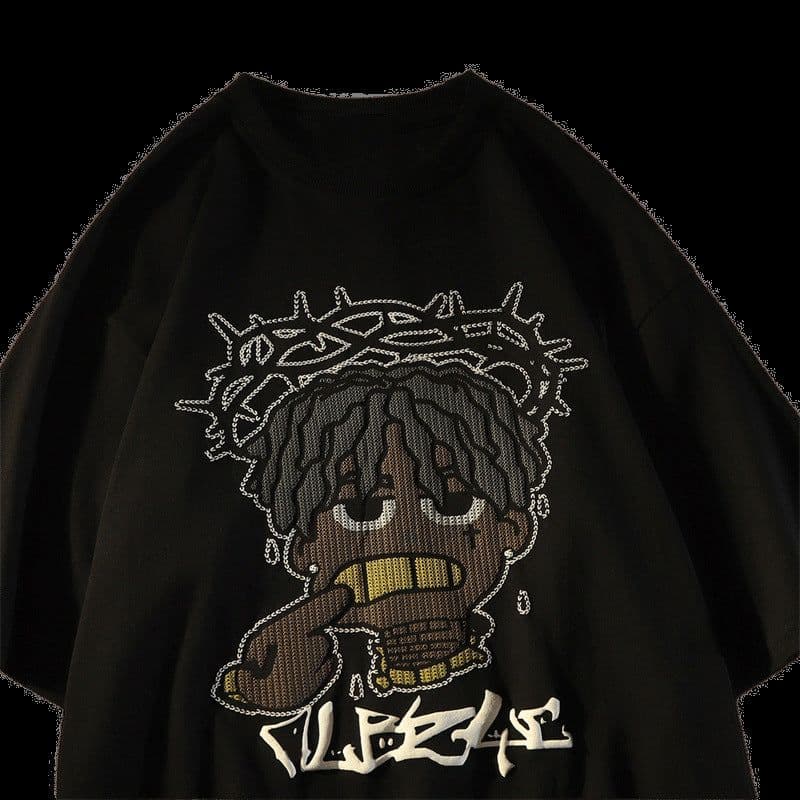 image-Men's Hip Hop Portrait T-Shirt - Black Loose Fit