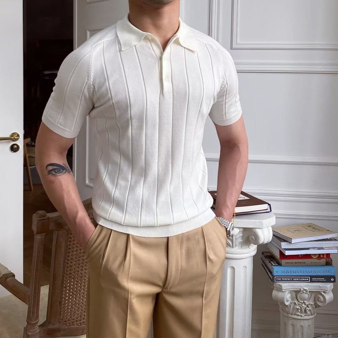 image-Polo Shirt Men's Five-Quarter Sleeves White Striped