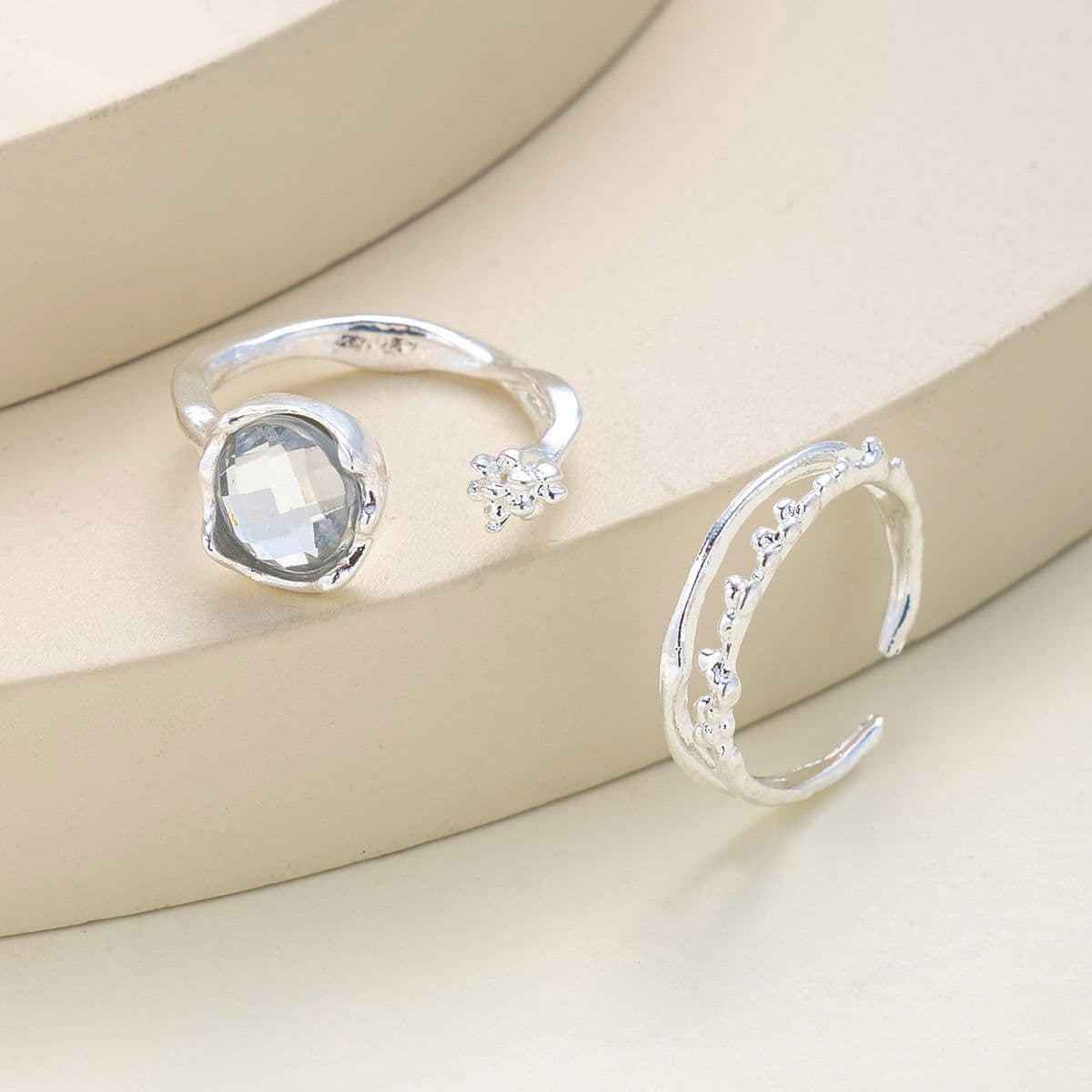 image-Moonstone Geometric Rings 2-Piece Set - Simple Fashion Jewelry for Women