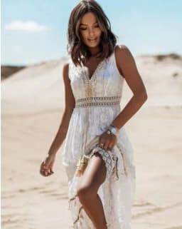 image-Lace Patchwork Dress - Apricot V Neck Sleeveless XL