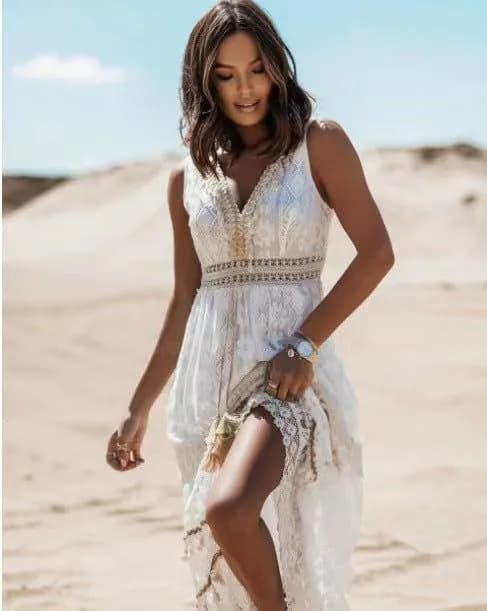 image-Lace Patchwork Dress - Apricot V Neck Sleeveless XL