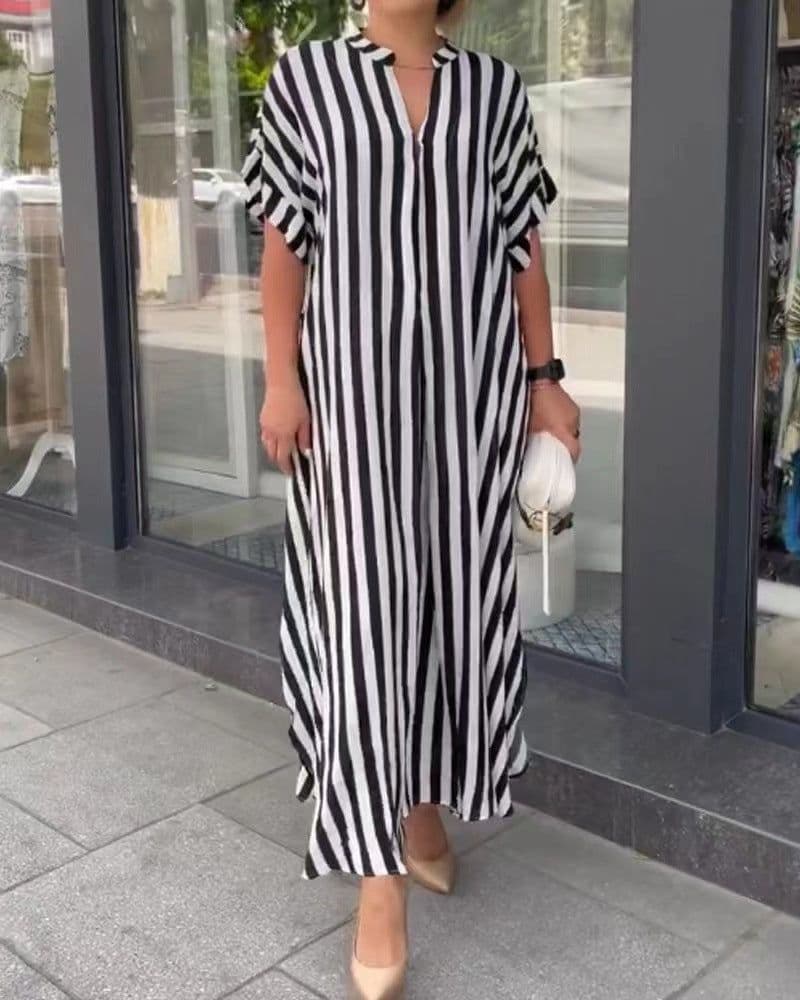 image-Striped Cardigan Dress - Blue V-Neck Long Sleeve