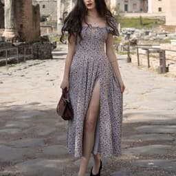 image-Women's Floral Midi Dress - Puff Sleeves Lace-Up