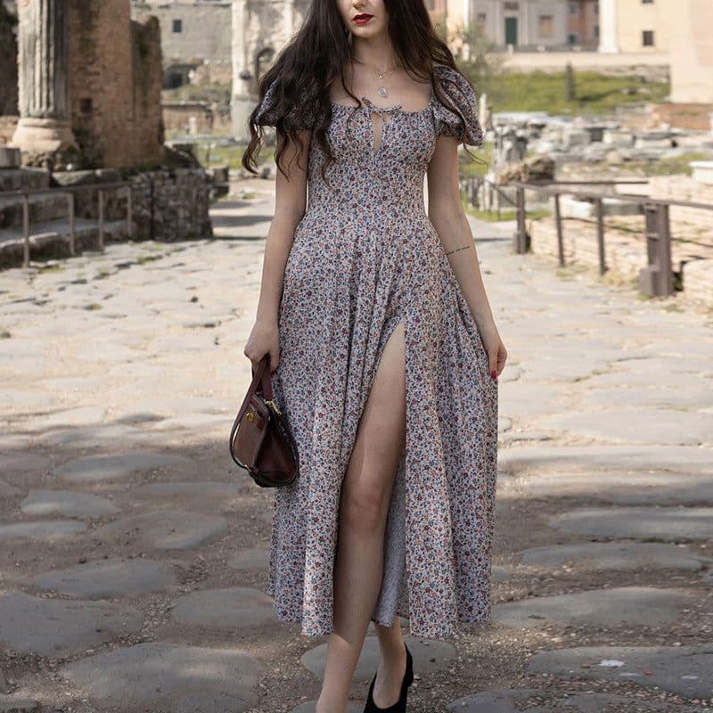 image-Women's Floral Midi Dress - Puff Sleeves Lace-Up