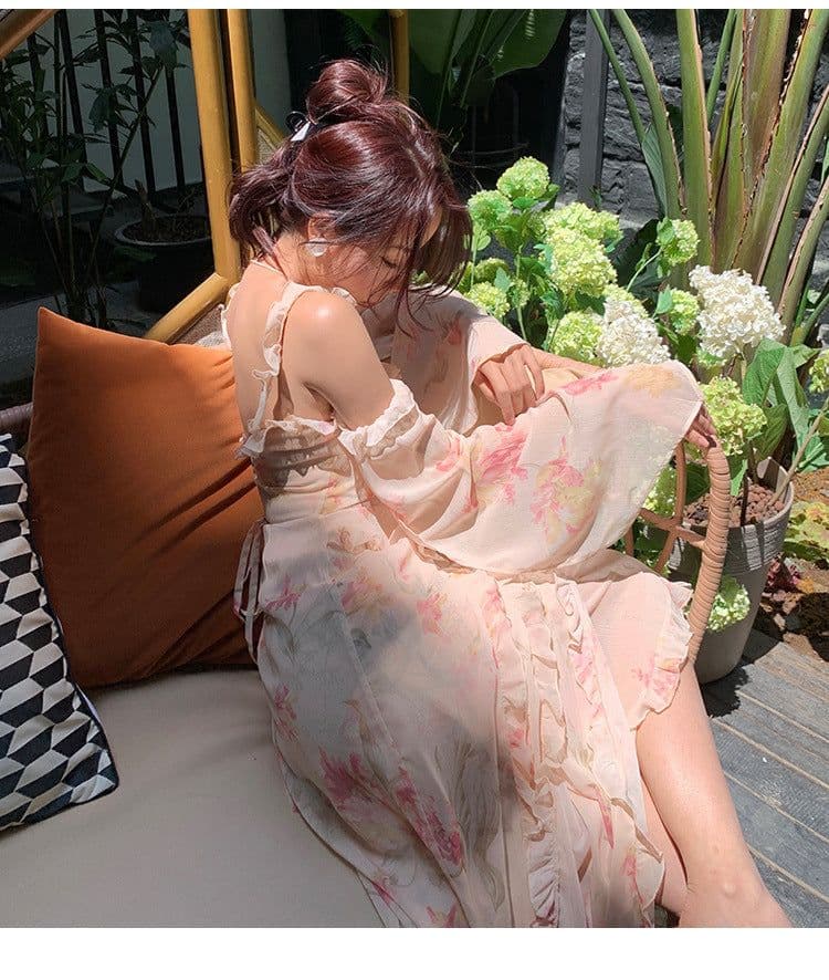 image-Holiday Floral Beach Dress - Summer Long Skirt Women's V-Neck Chain Link