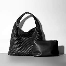 image-Woven Bucket Bag - Black Vegan Leather Large