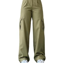 image-Women's Cargo Pants - Khaki Mid-Rise Straight Leg Cotton