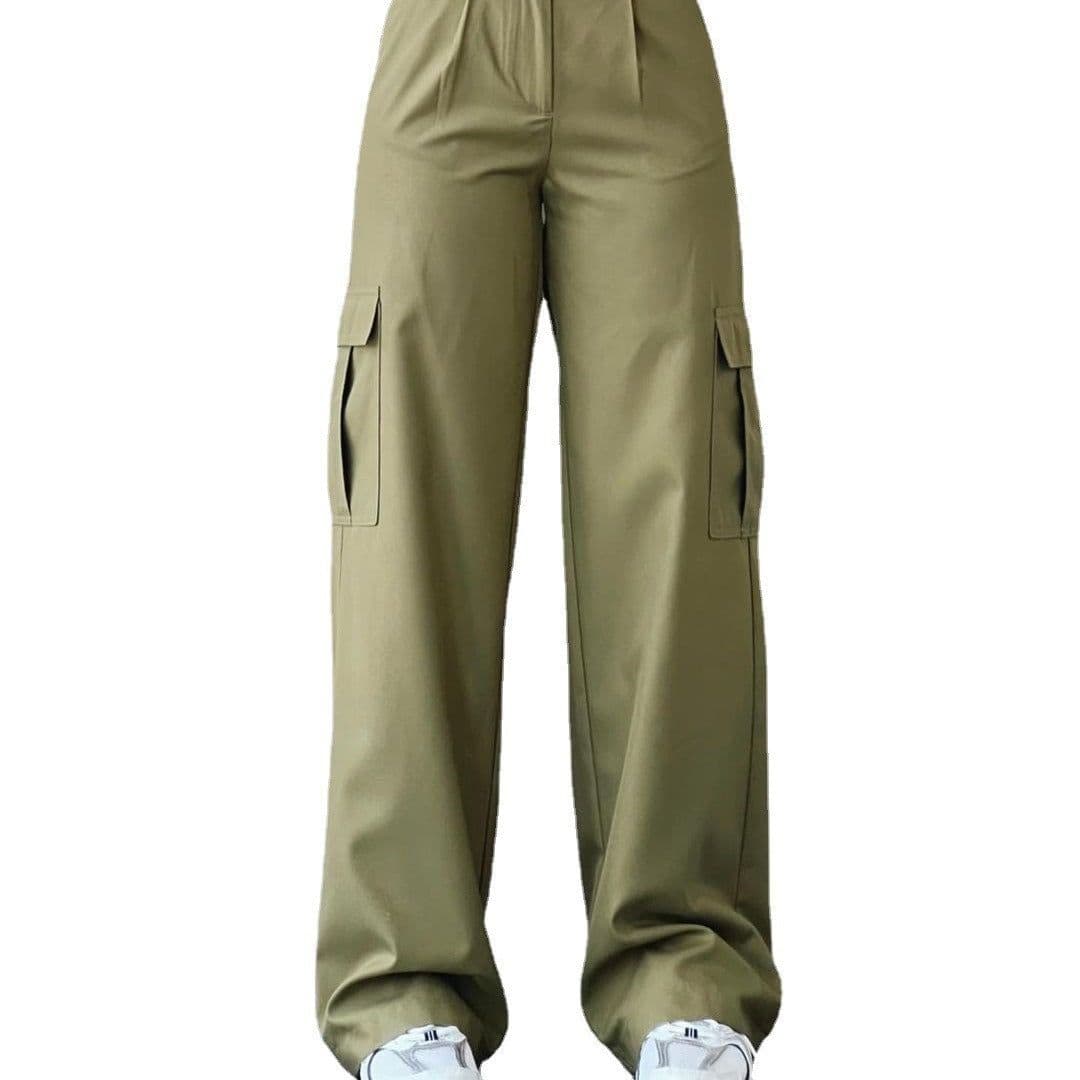 image-Women's Cargo Pants - Khaki Mid-Rise Straight Leg Cotton