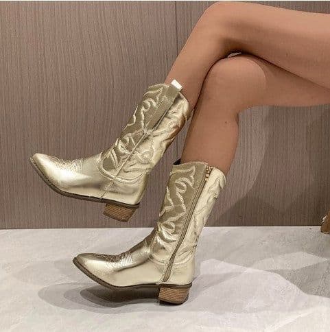 image-Hosawa Martin Boots Gold Chunky Heel Pointy Toe