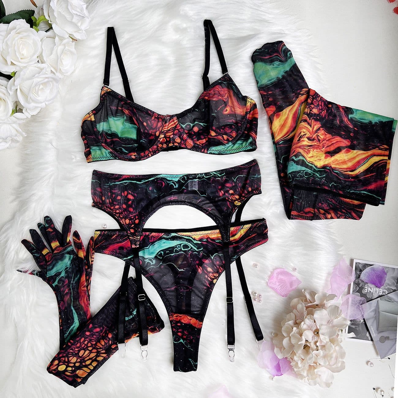 image-Sexy Lingerie 5-Piece Set - Leopard Print Polyester - L Size
