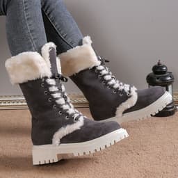 image-Women's Snow Boots - Black Suede Mid-Calf Lace-Up