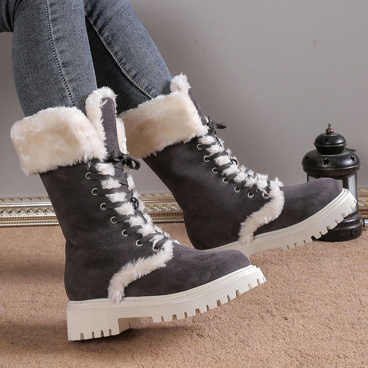 image-Women's Snow Boots - Black Suede Mid-Calf Lace-Up