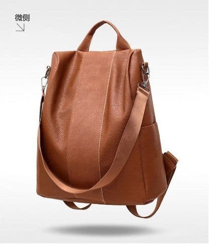 image-PU Backpack Women - Brown Solid Color Retro