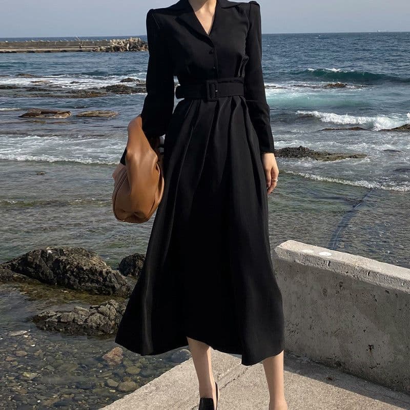 image-Women's High-Waisted Chic Autumn Dress with Belt, Black, L