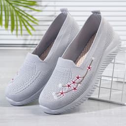 image-Women's Embroidered Sports Shoes - Lightweight, Pink/Black/Gray, Flat Heel