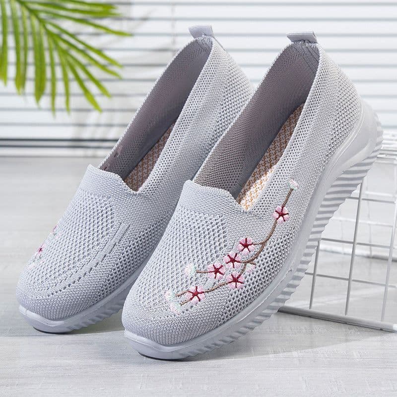 image-Women's Embroidered Sports Shoes - Lightweight, Pink/Black/Gray, Flat Heel