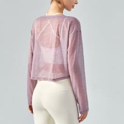 image-Yoga blouse women's loose fitness top light jacket light and breathable mesh yarn round neck spring and summer long-sleeved yoga clothing