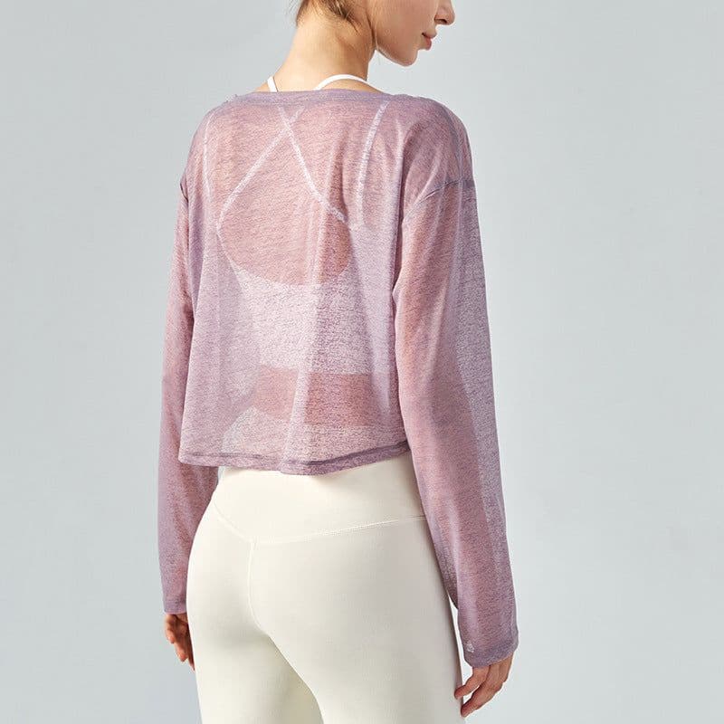 image-Yoga blouse women's loose fitness top light jacket light and breathable mesh yarn round neck spring and summer long-sleeved yoga clothing