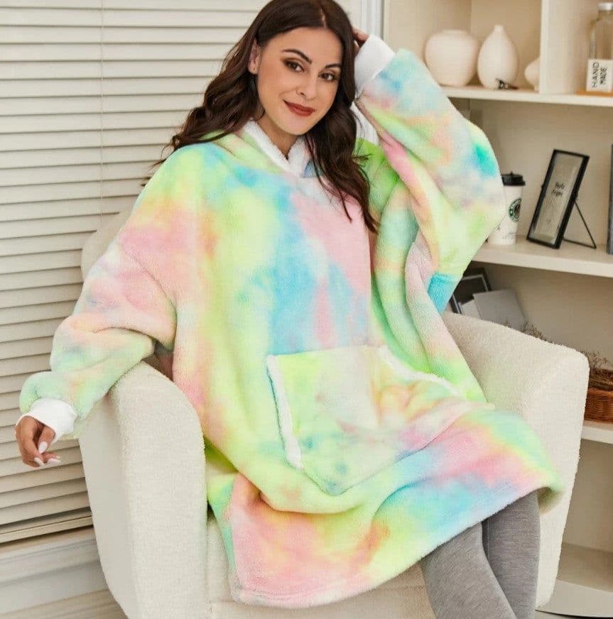 image-Tie-dye nightgown blue and white blouse flannel printing casual lazy blanket outdoor warm big pocket hooded sweater women