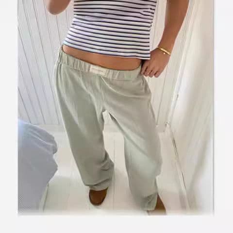 image-Women's Striped Wide-leg Trousers - Light Blue Casual