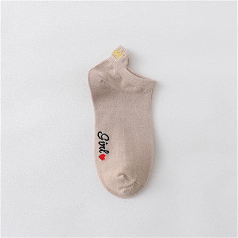 image-Women's Cotton Boat Socks - Embroidered Heart Khaki