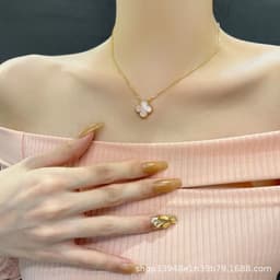 image-v gold 925 silver Fanjia four-leaf clover necklace high version women's thick plated 18k single flower pendant natural fritillary chalcedony