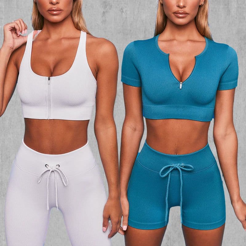 image-Women's Quick-Dry Yoga Sports Bra & Shorts - Long Sleeve Fitness Suit, L, Nylon
