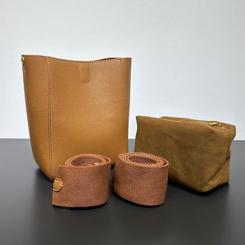 image-Genuine Leather Large Capacity Bucket Bag - Gray - Korean Style (65 characters)