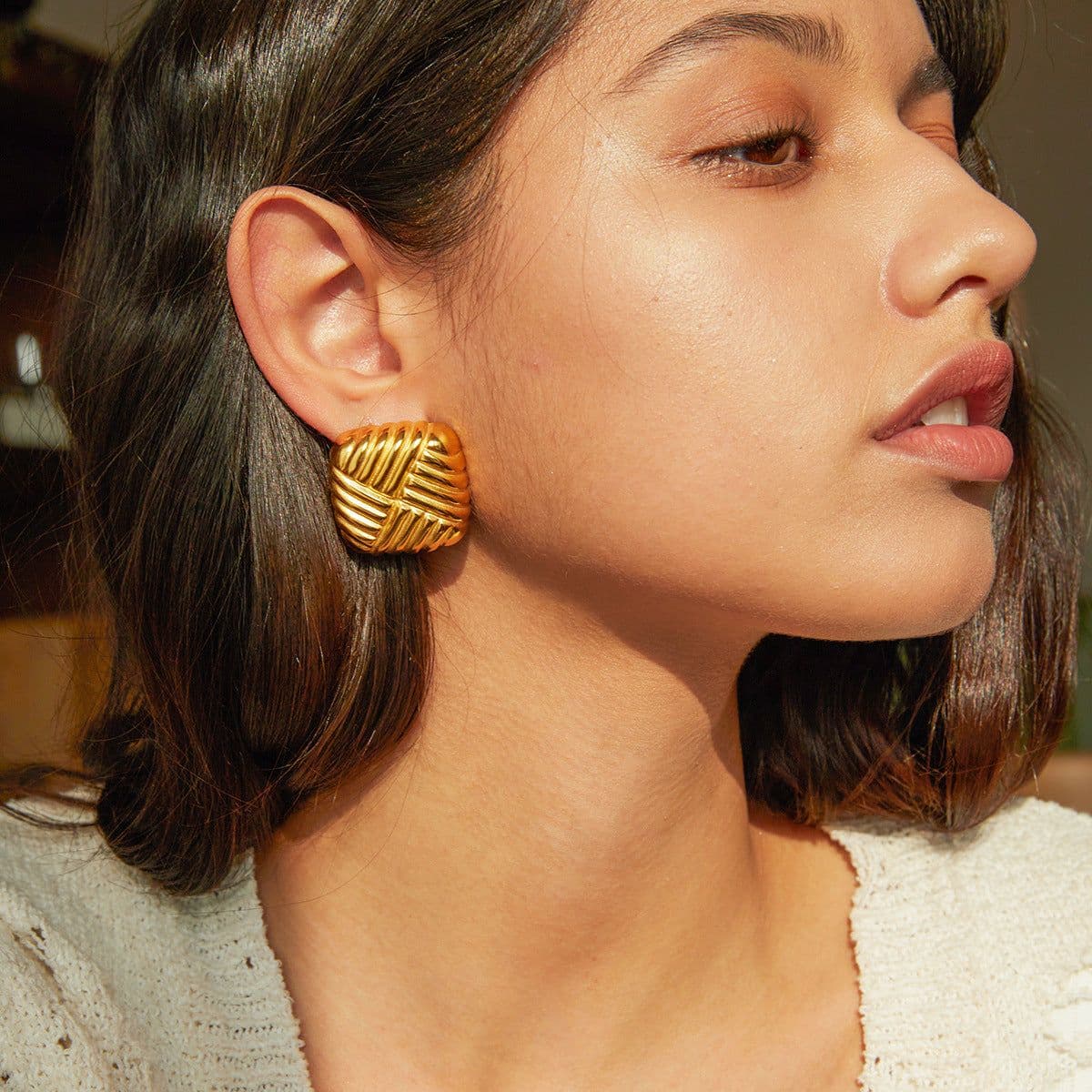 image-Heavy Industry Light Luxury Exquisite Personality Versatile Non-fading 18k Gold Stainless Steel Knitted Texture Earrings for Women