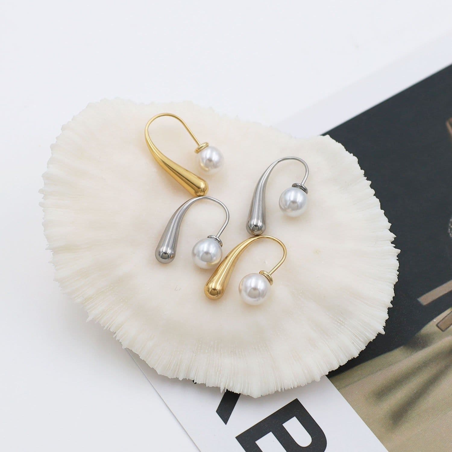 image-Geometric Pearl Drop Earrings - Steel 18K Gold Plated