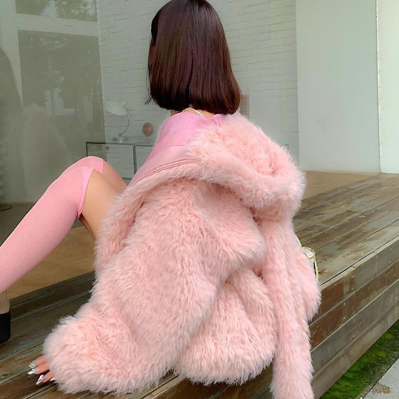 image-Women's Bunny Ears Hooded Velvet Jacket - Loose Fit