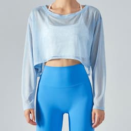 image-Yoga blouse women's loose fitness top light jacket light and breathable mesh yarn round neck spring and summer long-sleeved yoga clothing