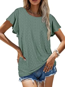 image-Women's Ruffled Sleeve T-Shirt - Sky Blue Hollow Out