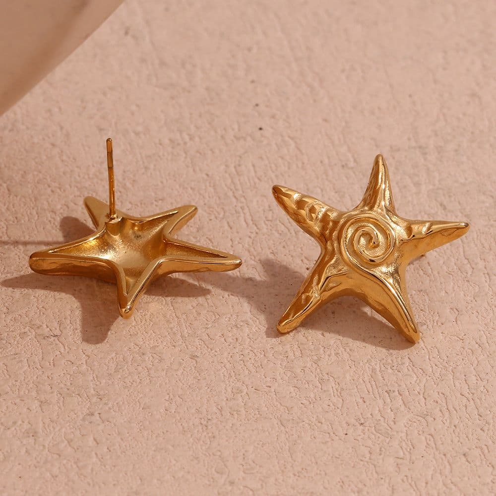 image-Stainless Steel Star Earrings - Gold Hammered