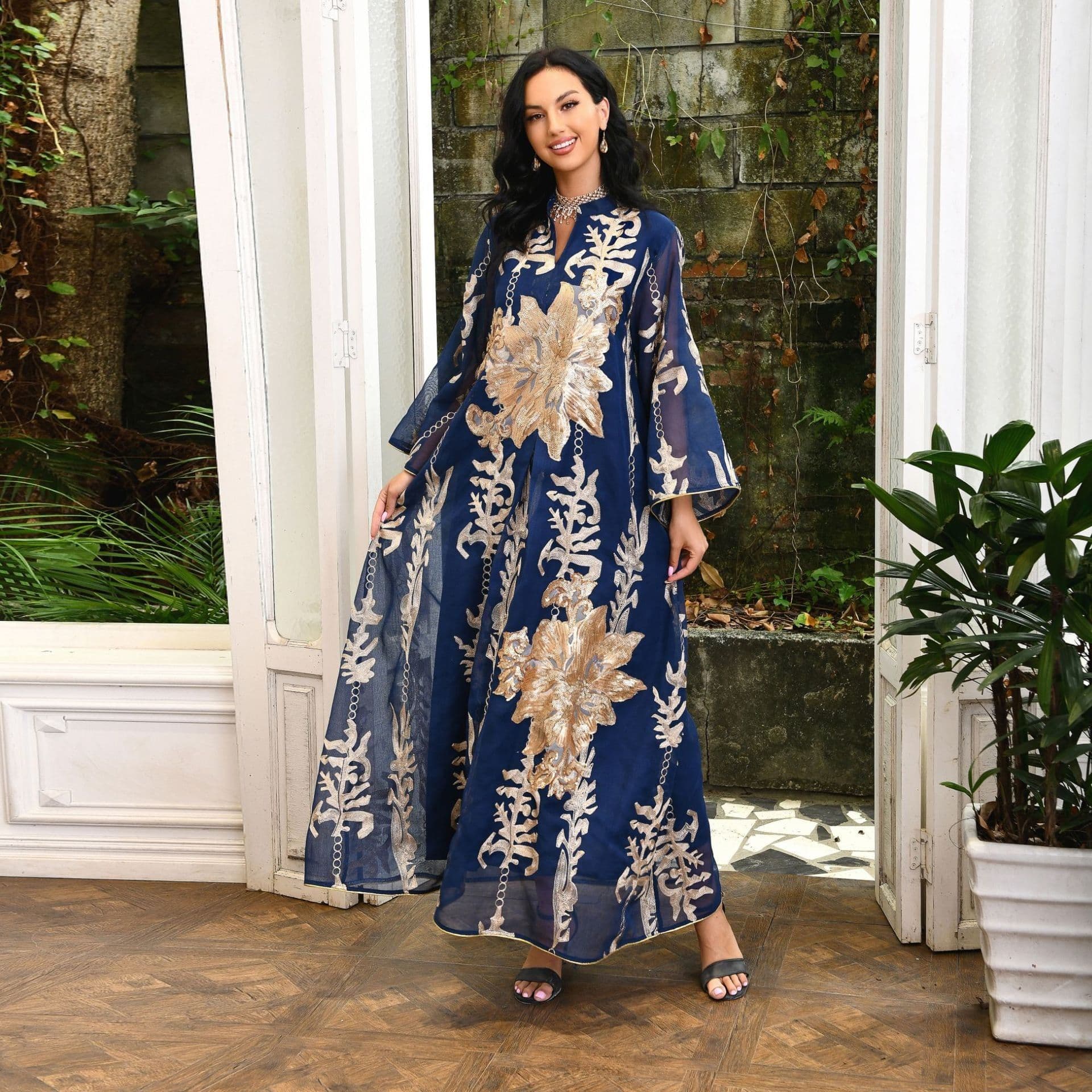 image-AB056 2023 European dress Muslim dress summer abaya fashion sequins Middle East foreign trade women's clothing
