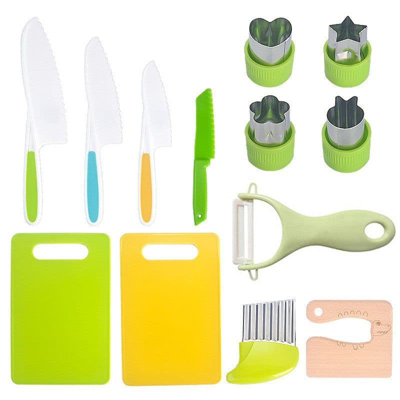 image-Children's Safety Knife Set - 3-Piece Plastic Fruit Kit, Wooden Chopping Board