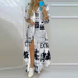 image-2022 spring foreign trade women's clothing temperament print single-breasted slit shirt dress long skirt