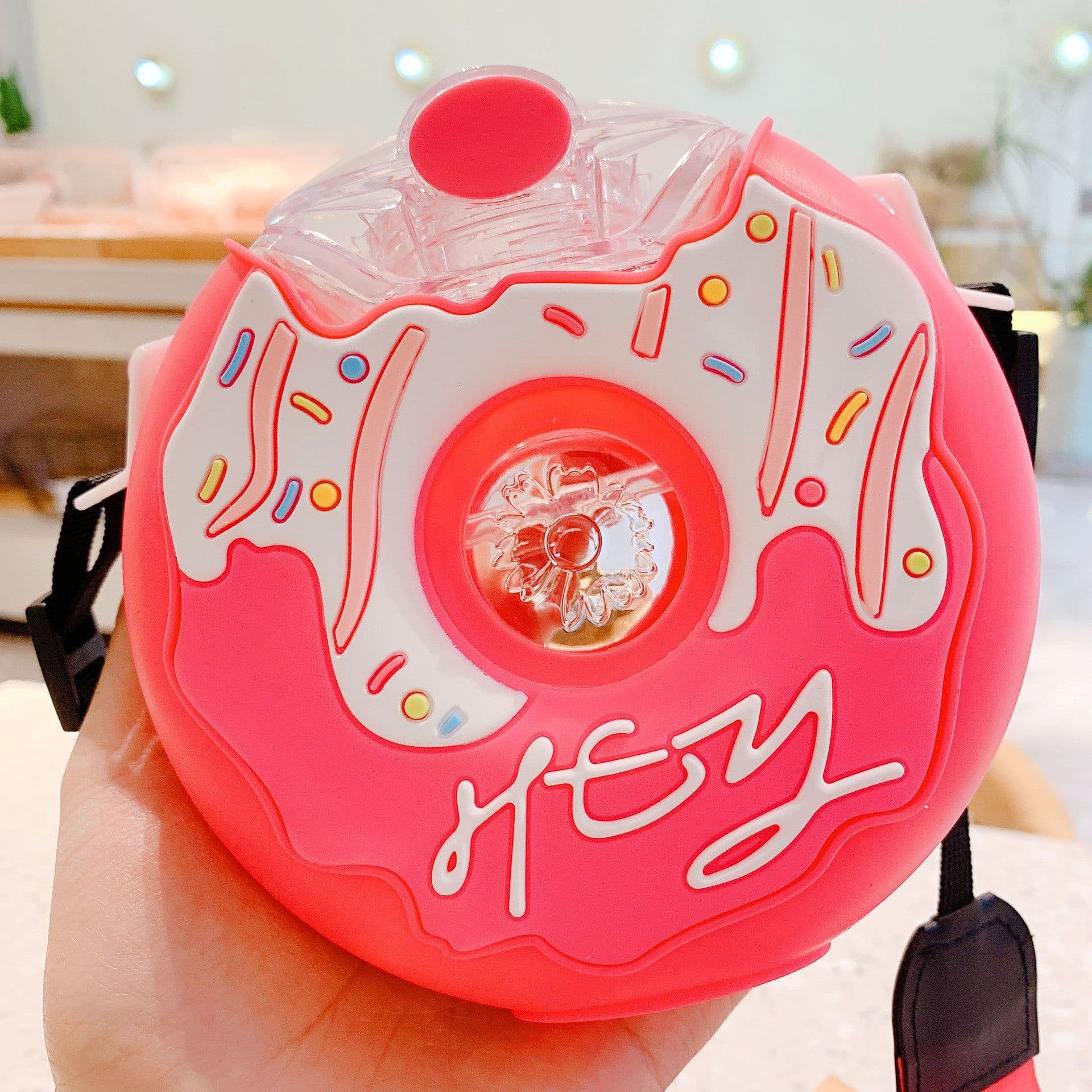 image-Korean Donut Straw Cup, Leak-proof, Portable Strap, Kids Water Sippy Cup - Cute