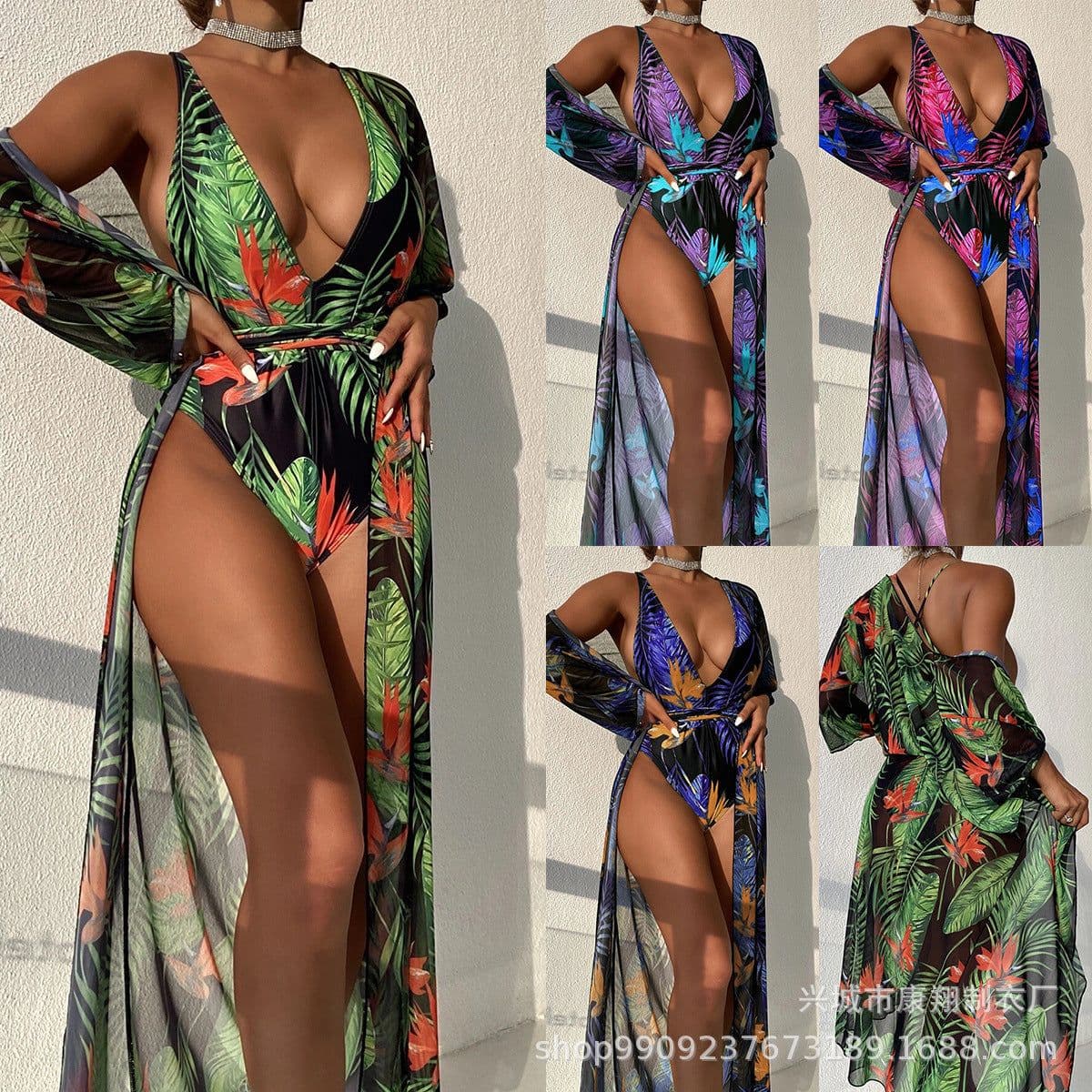 image-2023 European and American foreign trade swimsuit women's one-piece printed mesh two-piece blouse bikini cross-border outfit